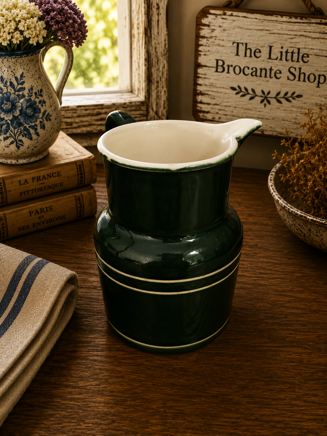 Vintage Pillivuyt France Green Ceramic Milk Jug | French Country Cream Pitcher | Rustic Farmhouse Kitchen photograph 5
