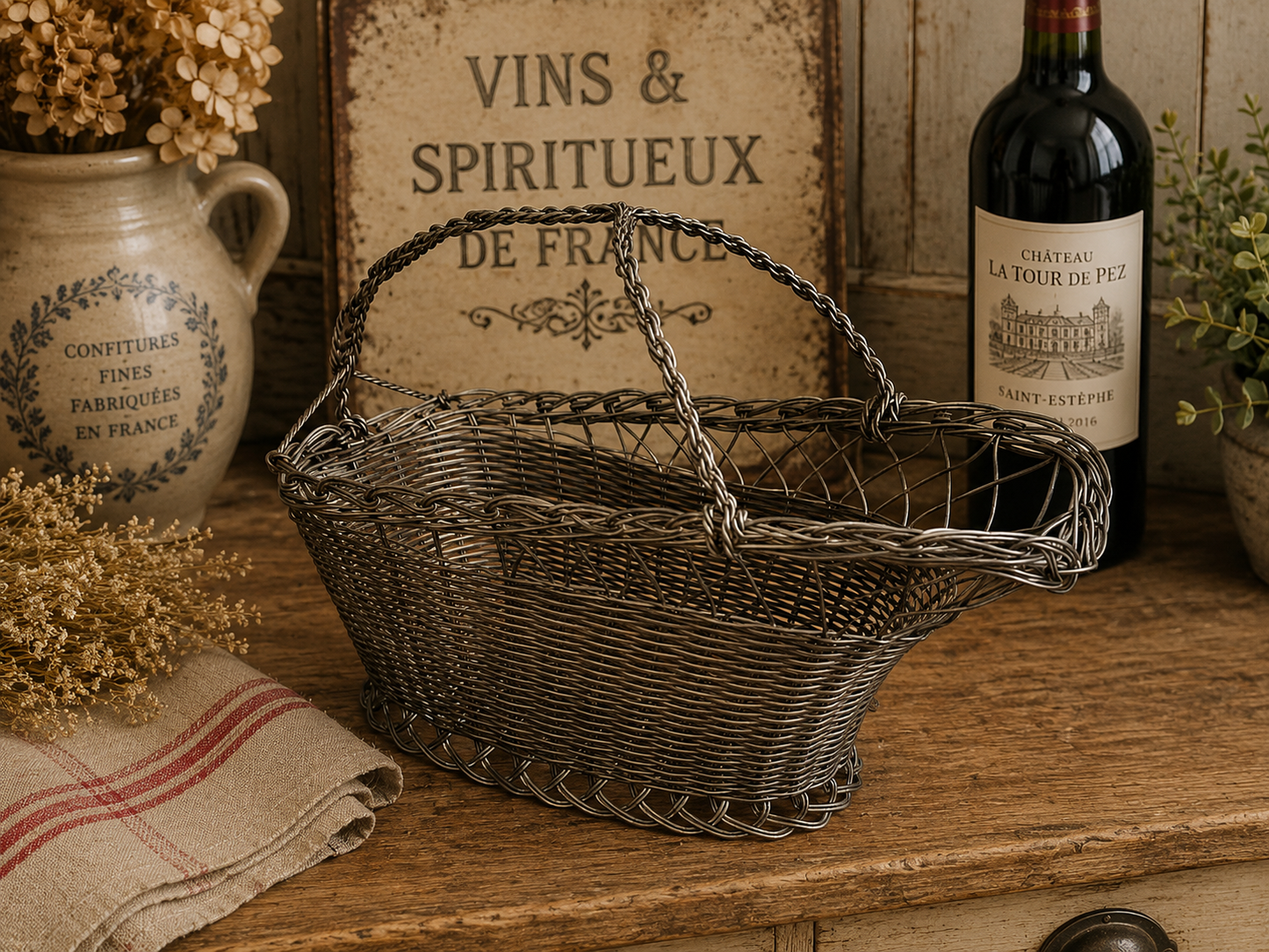 French Style Wire Wine Bottle Carrier Basket | Rustic Metal Bottle Holder | French Country Kitchen Decor photograph 5