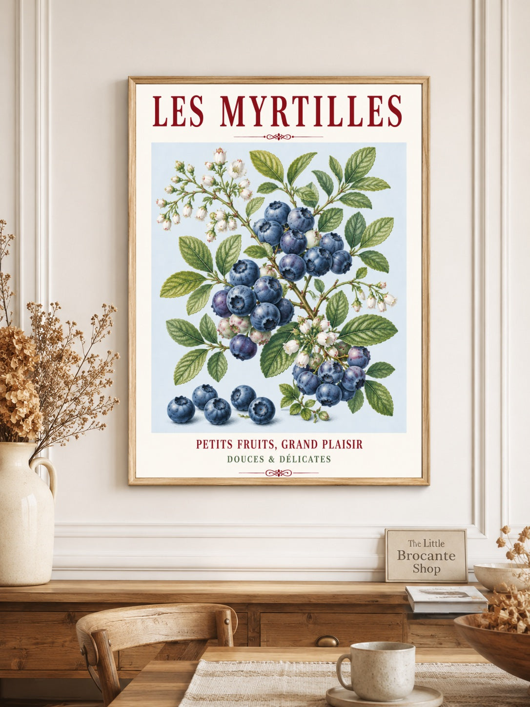 French Blueberry Print - Les Myrtilles | French Kitchen Wall Art, Illustrated French, Botanical, French Country, Fruit Illustration, Country Kitchen, French Countryside, Cottage Style, Botanical Wall Art wall artwork.