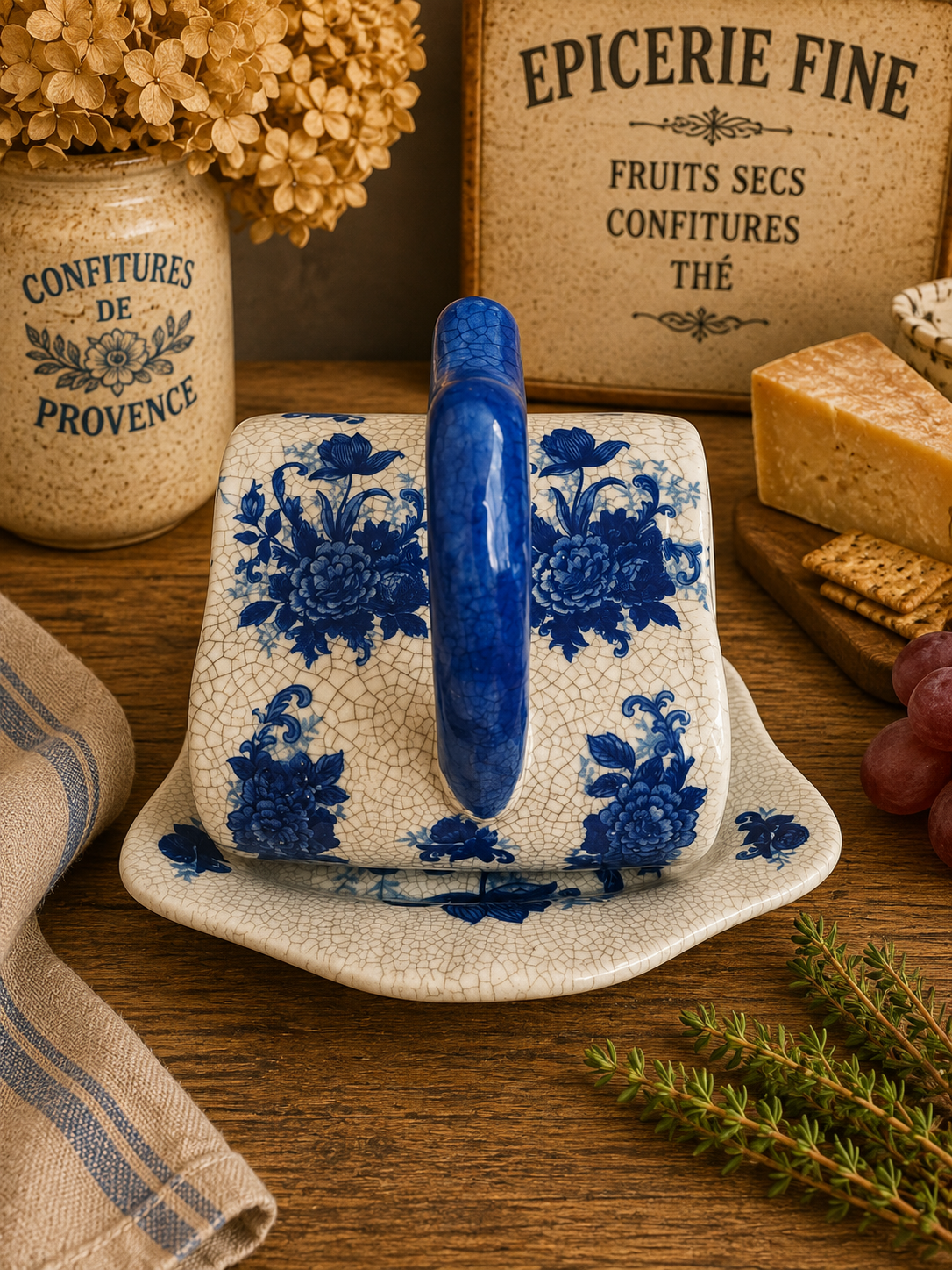 Vintage Blue & White Ceramic Cheese Dish & Cover – Floral Cheese Keeper with Branch Handle photograph 5