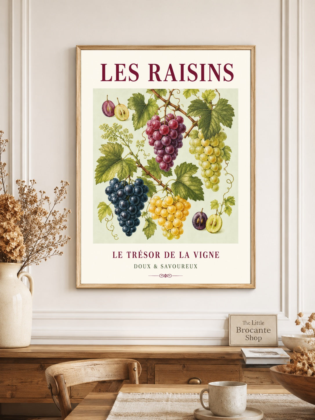 Les Raisins – Illustrated French Grape Print | French Kitchen Wall Art, Illustrated French, Botanical, French Country, Vineyard Inspired, Fruit Illustration, Country Kitchen, European Kitchen, Rustic Country wall artwork.