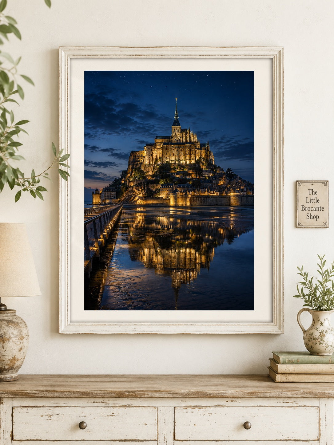Mont Saint-Michel at Night – Illuminated Normandy Print | French Coastal Wall Art, French Country, Contemporary French, Classic European, Dark Academia, Heritage, Traditional, Modern Country, Moody Interior, Coastal, Rustic European, Contemporary wall artwork.