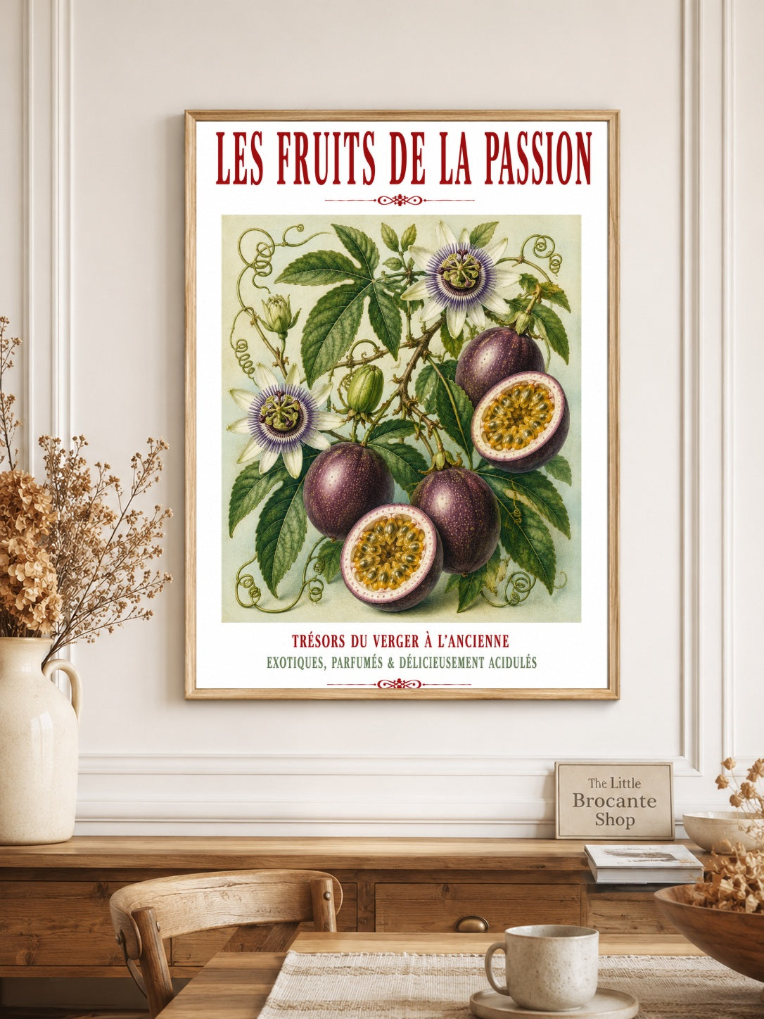 Illustrated French Passion Fruit Print | French Kitchen Wall Art, Illustrated French, Botanical, French Country, Exotic Botanical, French Kitchen, Traditional Botanical Illustration, Country Kitchen, Cottage Style, Botanical Wall Art wall artwork.
