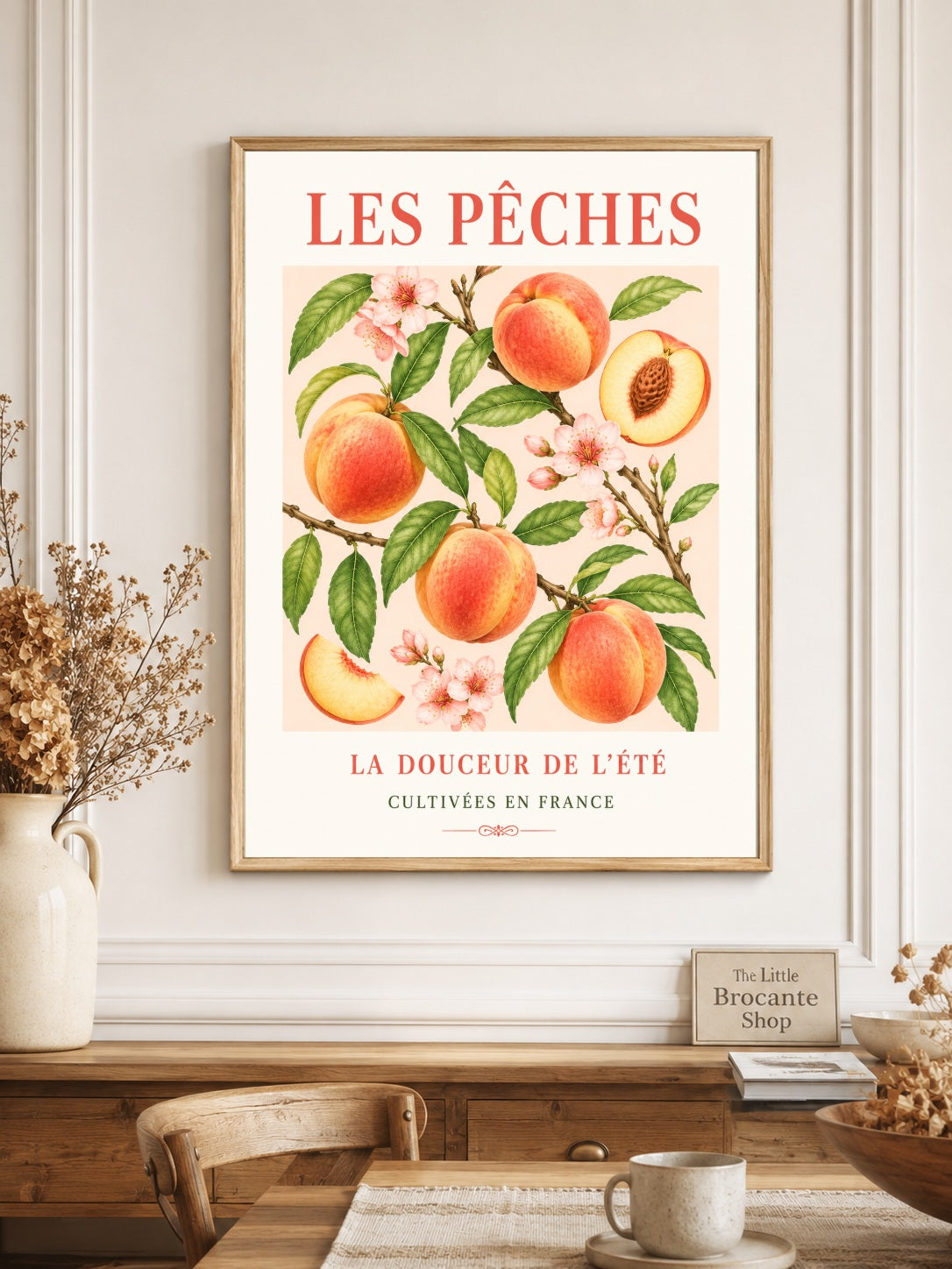 Les Pêches – Illustrated French Peach Print | French Kitchen Wall Art, Illustrated French, Botanical, French Country, Fruit Illustration, Orchard Inspired, Country Kitchen, Cottage Style, Provence Inspired wall artwork.