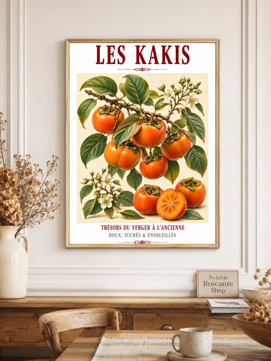 Illustrated French Persimmon (Sharon Fruit) Print | French Kitchen Wall Art, Illustrated French, Botanical, French Country, Orchard Inspired, Fruit Illustration, Mediterranean, French Kitchen, Country Kitchen, Cottage Style, Botanical Wall Art wall artwork.