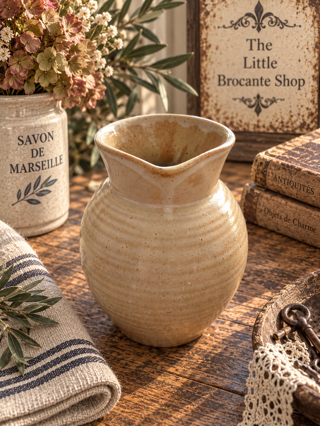 Vintage French Grès Stoneware Jug – Speckled Beige Rustic Pottery Pitcher photograph 5