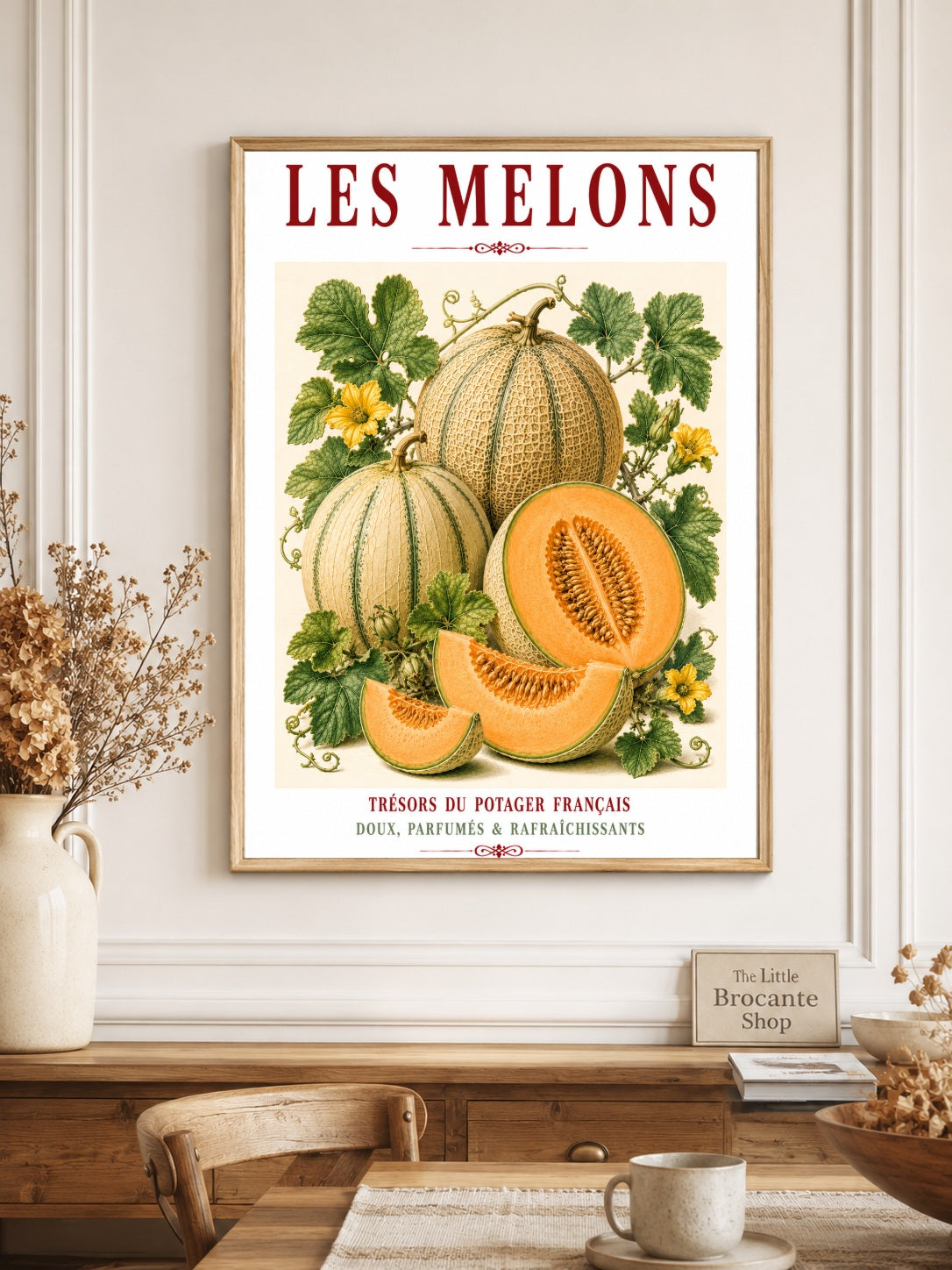 Illustrated French Melon Print | French Kitchen Wall Art, Illustrated French, Botanical, French Country, Provençal, Fruit Illustration, Kitchen Garden, French Kitchen, Mediterranean, Country Kitchen, Botanical Wall Art wall artwork.