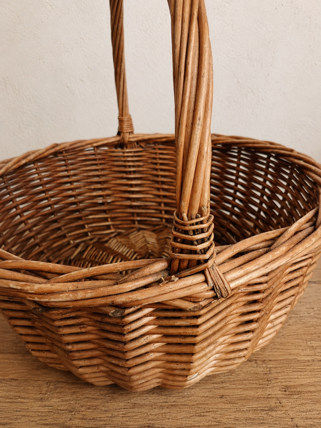 Vintage Round Wicker Gathering Basket | Rustic French Country Market Basket photograph 6
