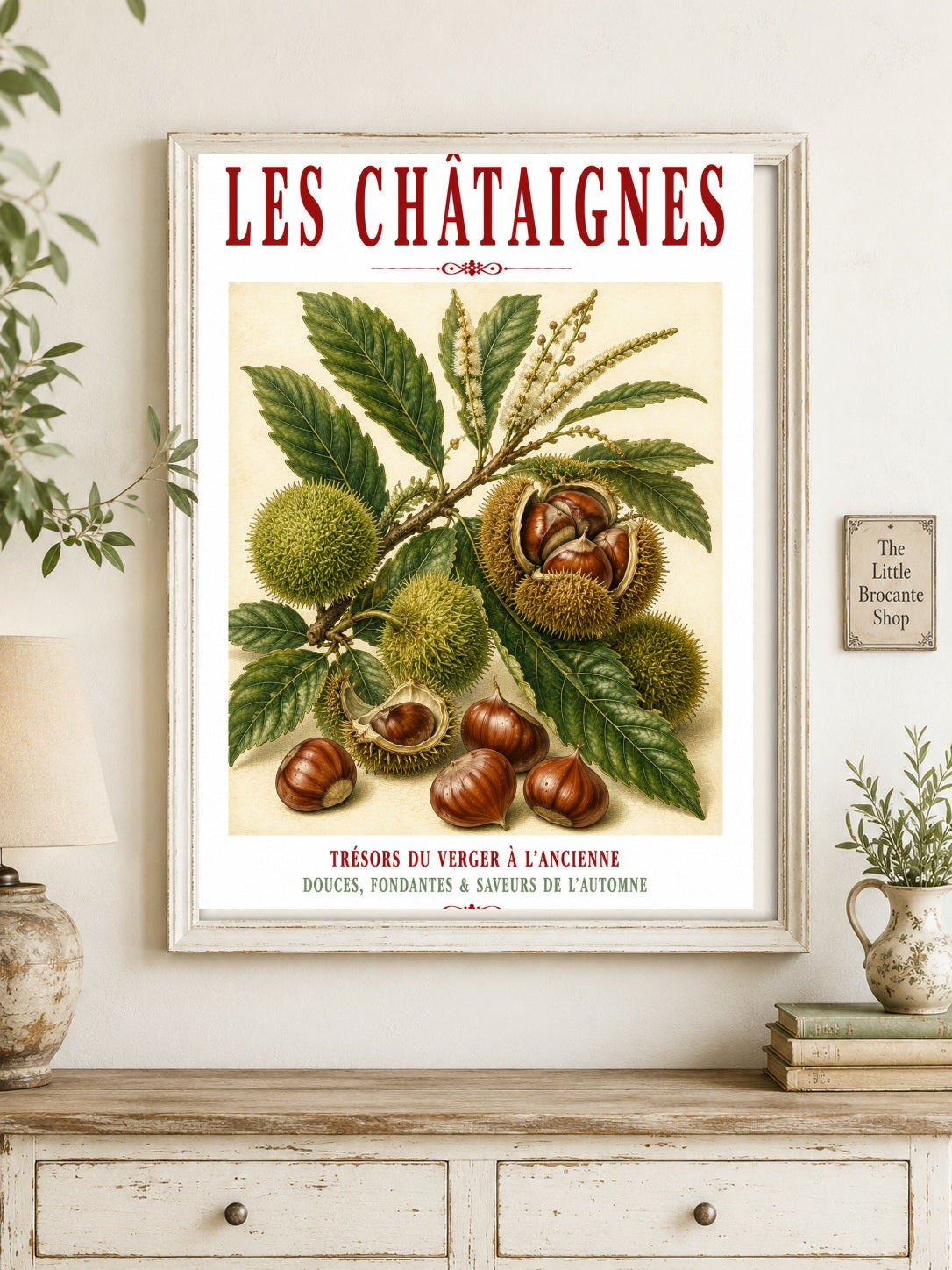 Illustrated French Chestnut Print | French Kitchen Wall Art, Illustrated French, Botanical, French Country, Rustic, Autumnal, Woodland Botanical, Traditional Botanical Illustration, French Kitchen, Country Kitchen, Cottage Style wall artwork.