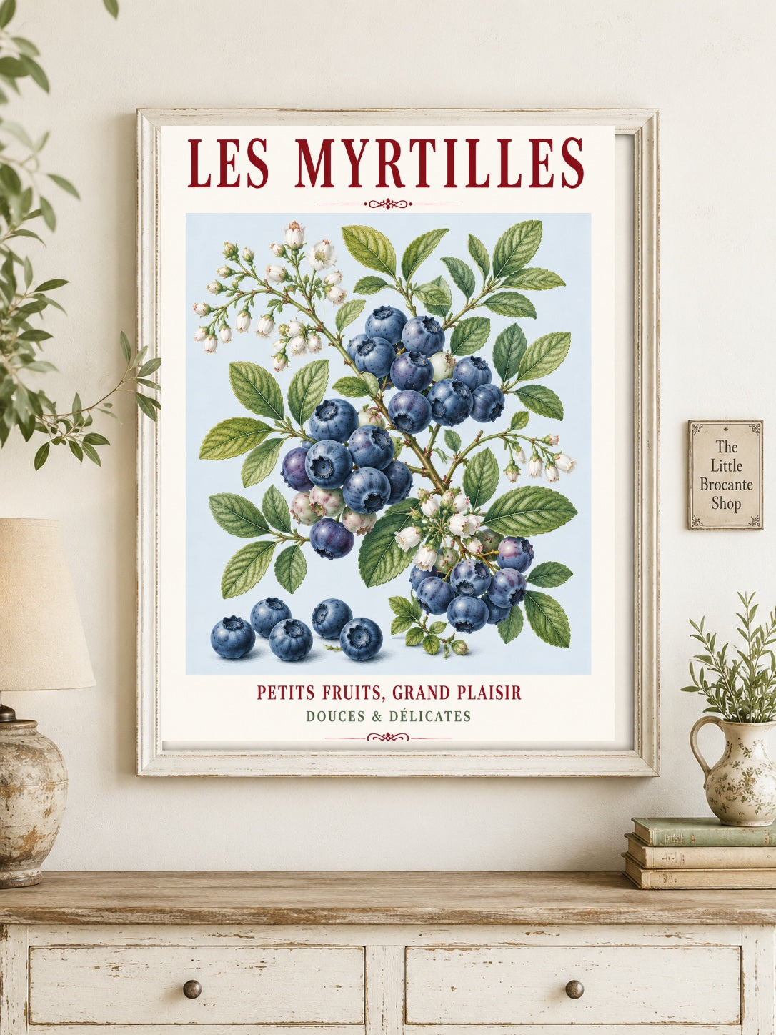 French Blueberry Print - Les Myrtilles | French Kitchen Wall Art, Illustrated French, Botanical, French Country, Fruit Illustration, Country Kitchen, French Countryside, Cottage Style, Botanical Wall Art wall artwork.