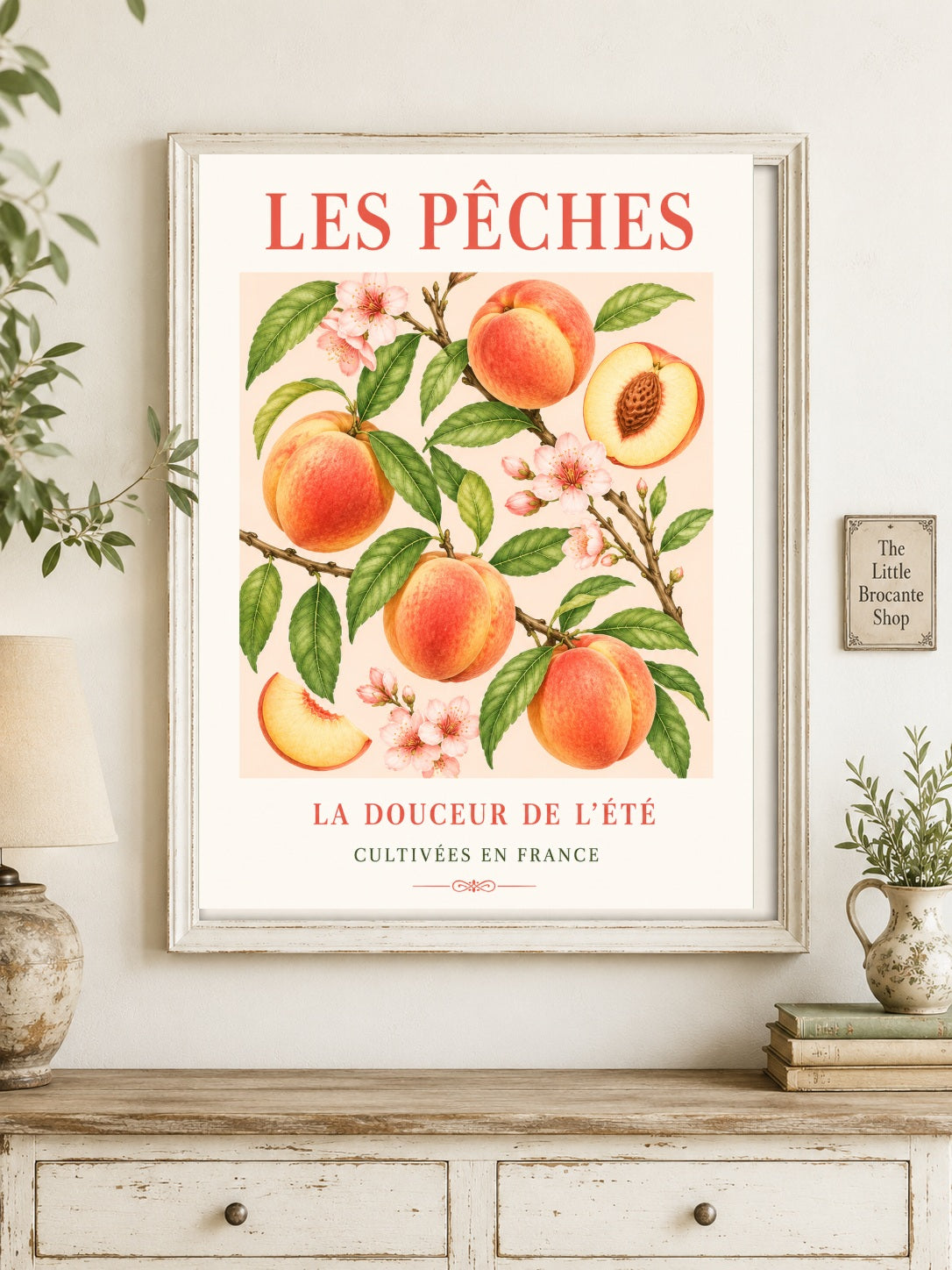 Les Pêches – Illustrated French Peach Print | French Kitchen Wall Art, Illustrated French, Botanical, French Country, Fruit Illustration, Orchard Inspired, Country Kitchen, Cottage Style, Provence Inspired wall artwork.