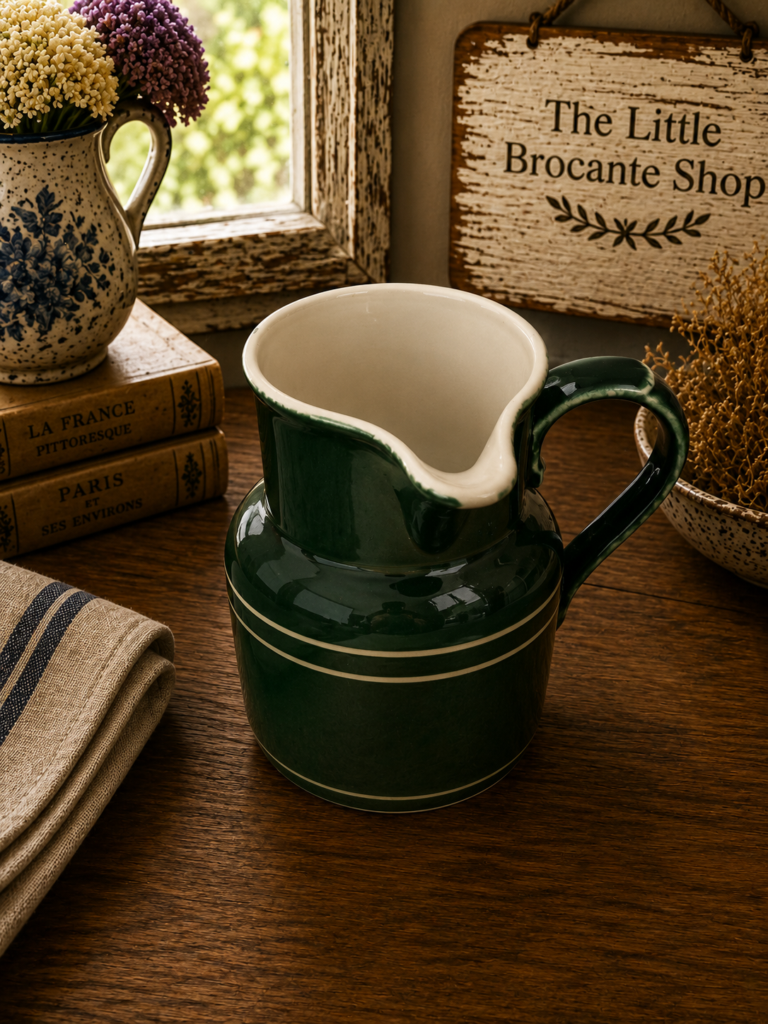 Vintage Pillivuyt France Green Ceramic Milk Jug | French Country Cream Pitcher | Rustic Farmhouse Kitchen photograph 6