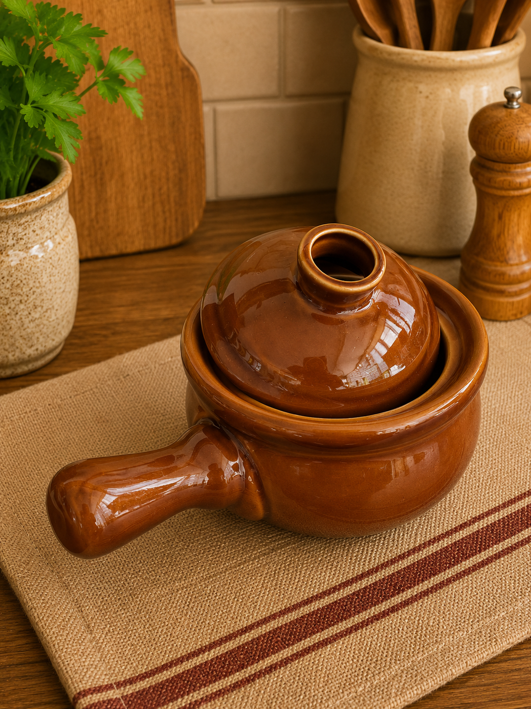 Pair of Vintage Brown Stoneware Lidded Cooking Pots photograph 6
