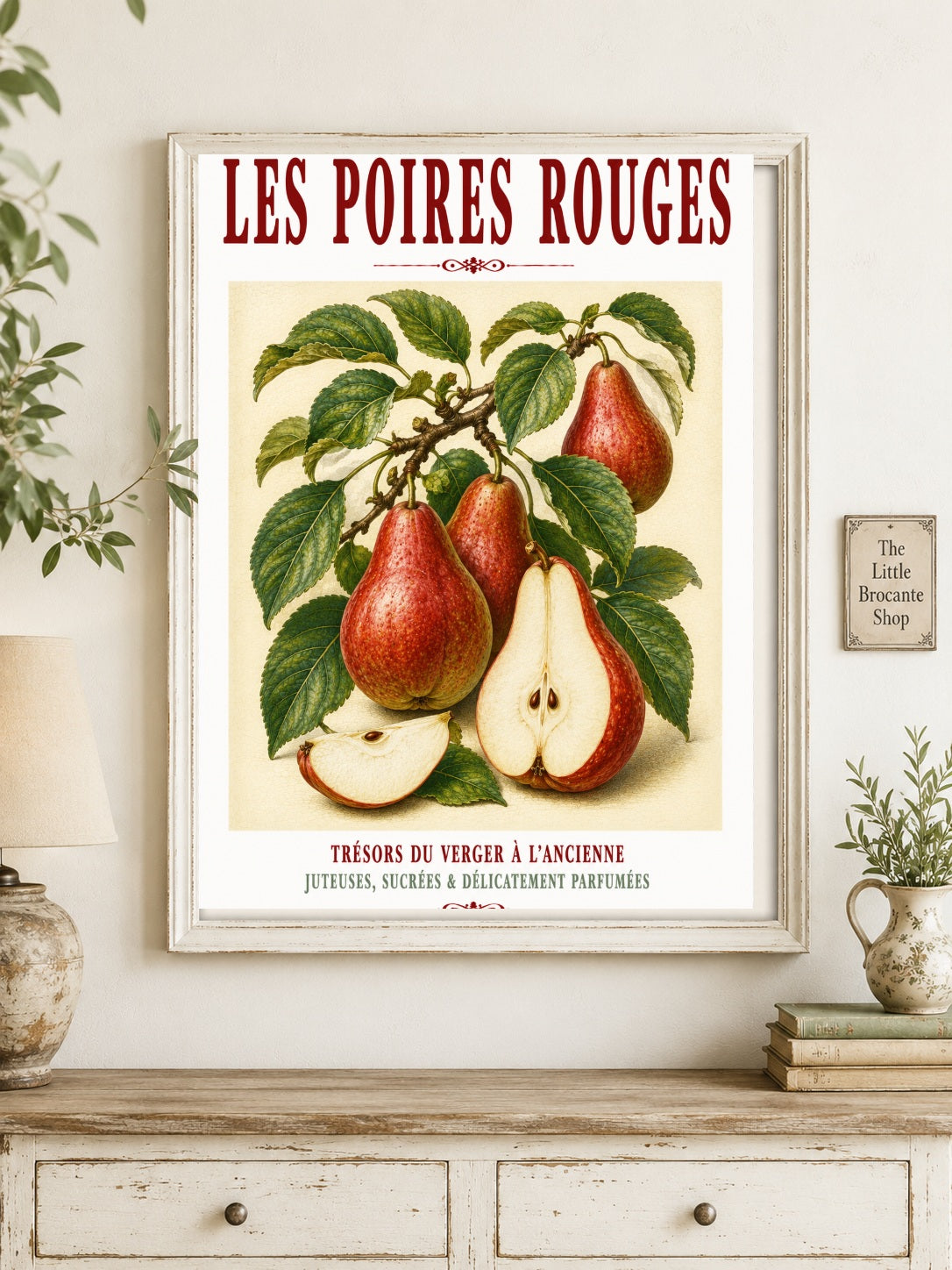 Les Poires Rouges – Illustrated French Red Pear Print | French Kitchen Wall Art, Illustrated French, Botanical, French Country, Orchard Inspired, Country Kitchen, Fruit Illustration, Rustic Country, Cottage Style wall artwork.