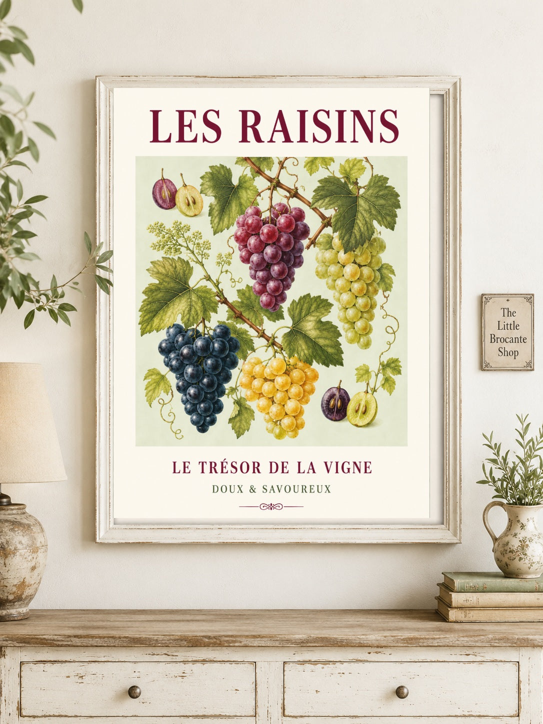 Les Raisins – Illustrated French Grape Print | French Kitchen Wall Art, Illustrated French, Botanical, French Country, Vineyard Inspired, Fruit Illustration, Country Kitchen, European Kitchen, Rustic Country wall artwork.