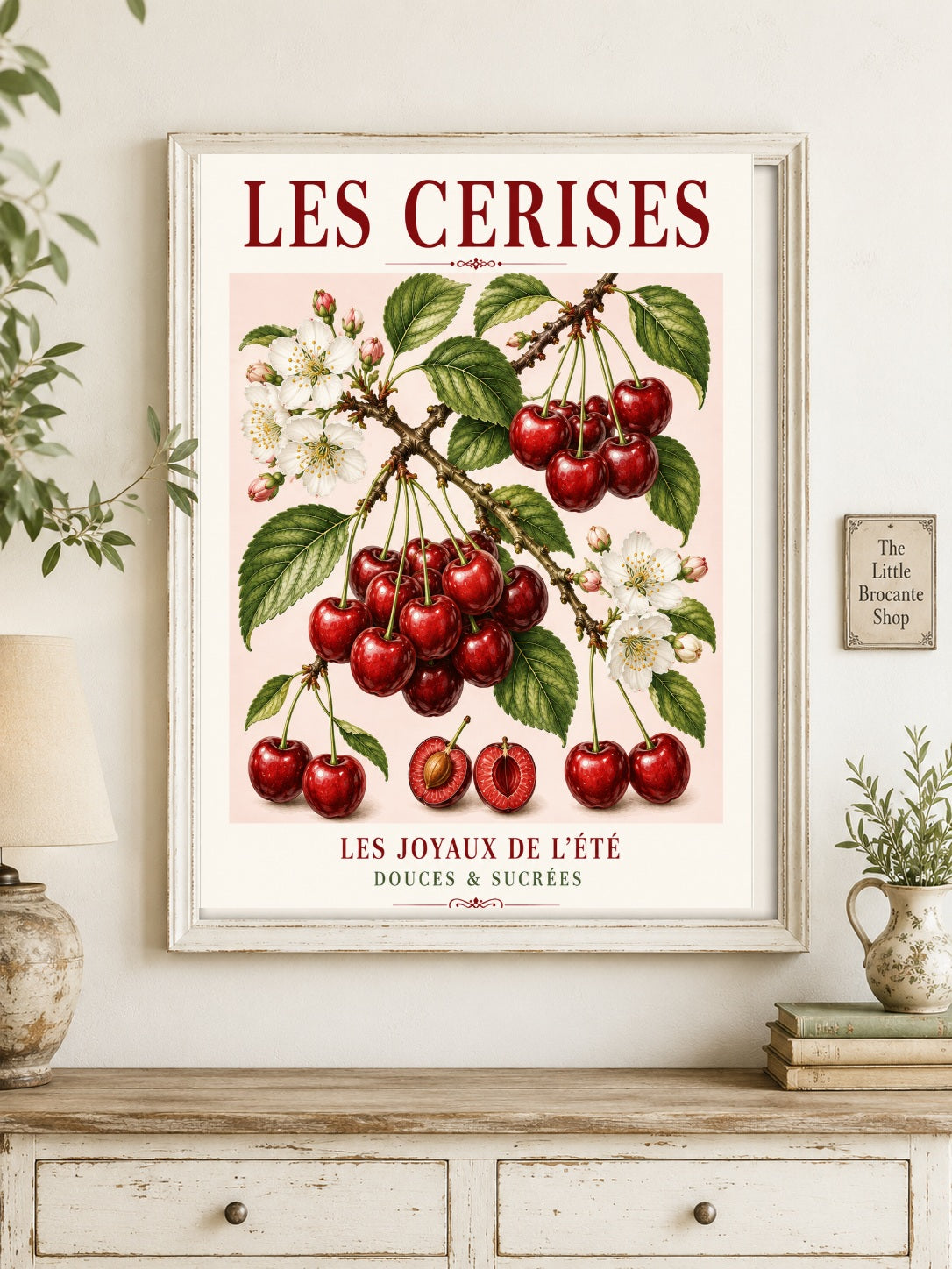 Les Cerises – Illustrated French Cherry Print | French Kitchen Wall Art, Illustrated French, Botanical, French Country, Country Kitchen, Fruit Illustration, European Kitchen, Cottage Style wall artwork.