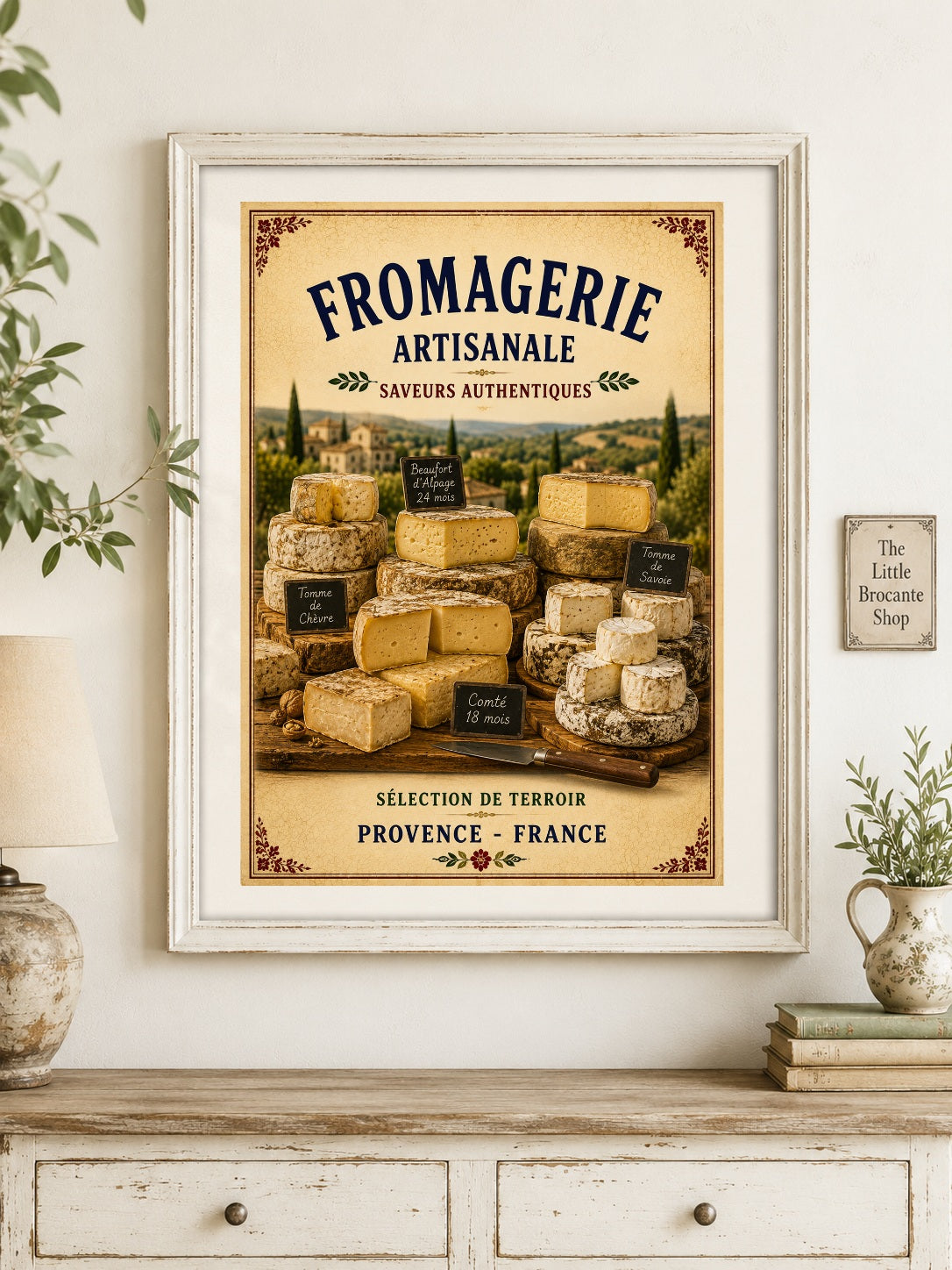 Fromagerie Artisanale – Vintage French Cheesemonger, French Country
Provence
Rustic Farmhouse
Brocante
Cottagecore
Mediterranean
Country Kitchen
Rustic Chic
Vintage European
Traditional
French Provincial
Old World
Continental
Artisan Food Store Style wall artwork.
