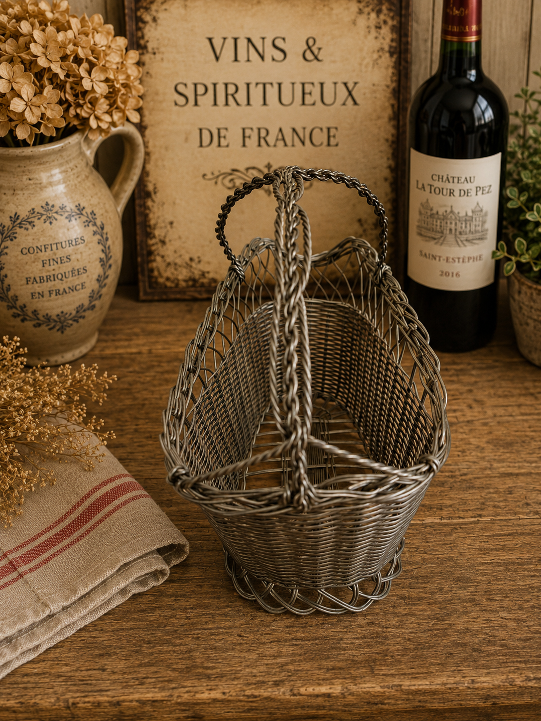 French Style Wire Wine Bottle Carrier Basket | Rustic Metal Bottle Holder | French Country Kitchen Decor photograph 6
