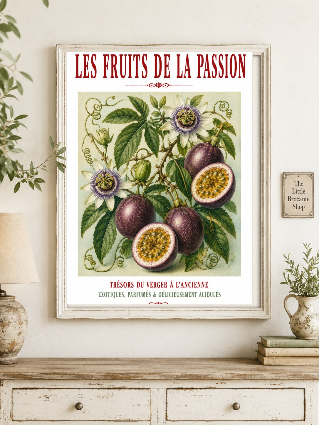 Illustrated French Passion Fruit Print | French Kitchen Wall Art, Illustrated French, Botanical, French Country, Exotic Botanical, French Kitchen, Traditional Botanical Illustration, Country Kitchen, Cottage Style, Botanical Wall Art wall artwork.