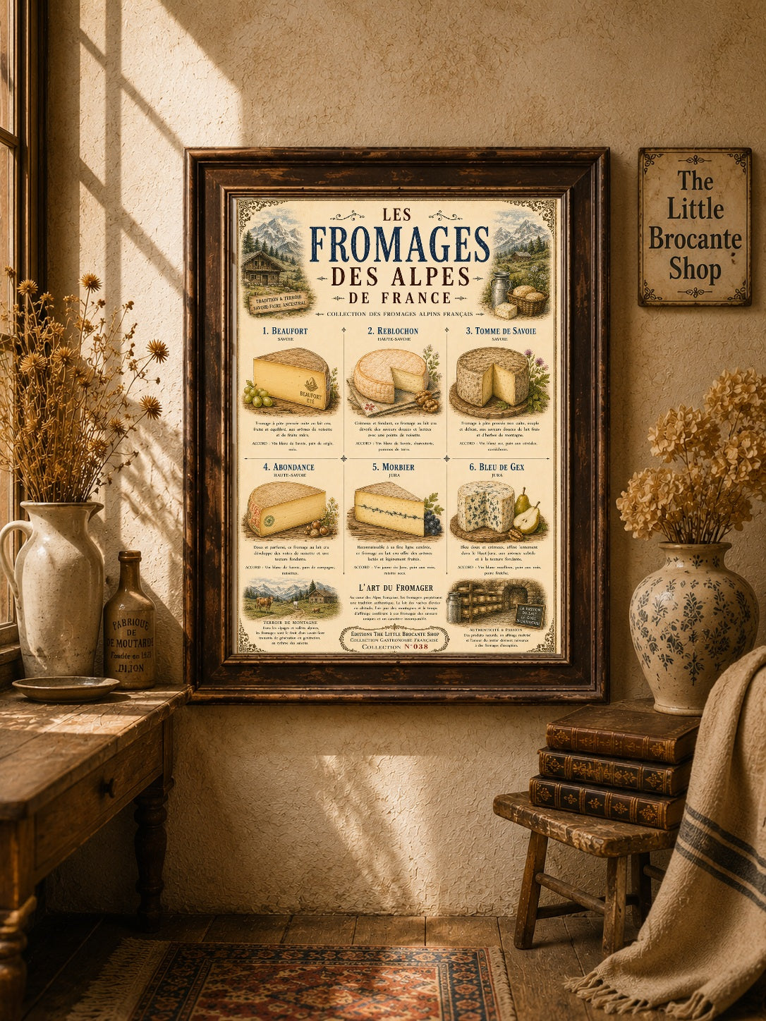 Les Fromages des Alpes  Vintage French Alpine Cheese Print in choice of Wooden Frame | French Kitchen Wall Art