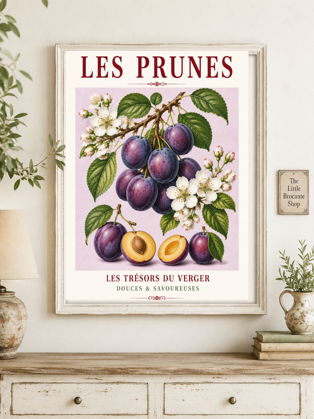 Illustrated French Plum Print - Les Prunes | French Kitchen Wall Art, Illustrated French, Botanical, French Country, Fruit Illustration, Orchard Inspired, Country Kitchen, Cottage Style, French Inspired wall artwork.