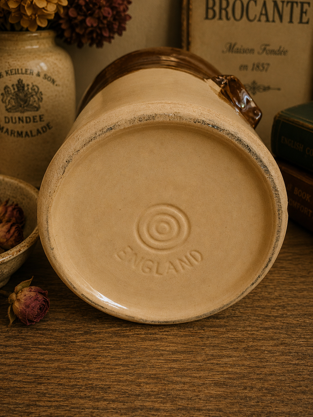 Vintage English Stoneware Lidded Storage Crock – Brown & Cream Country Kitchen Pot photograph 6
