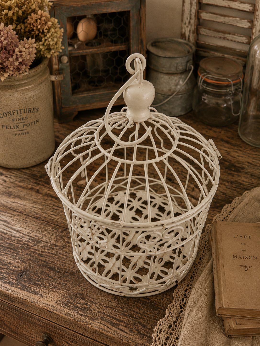 Vintage Style White Metal Birdcage – French Country Decorative Bird Cage photograph 6