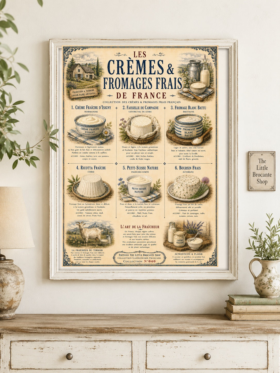 Les Crèmes & Fromages Frais – Vintage French Dairy Print | French Kitchen Wall Art, French Country, French Farmhouse, Cottagecore, Rustic Country, Traditional Kitchen, Brocante, Vintage, European Farmhouse, Provincial French, Country Cottage, Blue & White Kitchen wall artwork.