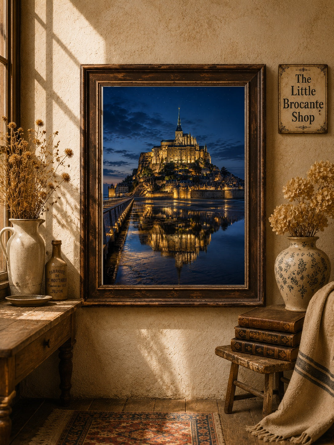 Mont Saint-Michel at Night – Illuminated Normandy Print | French Coastal Wall Art, French Country, Contemporary French, Classic European, Dark Academia, Heritage, Traditional, Modern Country, Moody Interior, Coastal, Rustic European, Contemporary wall artwork.