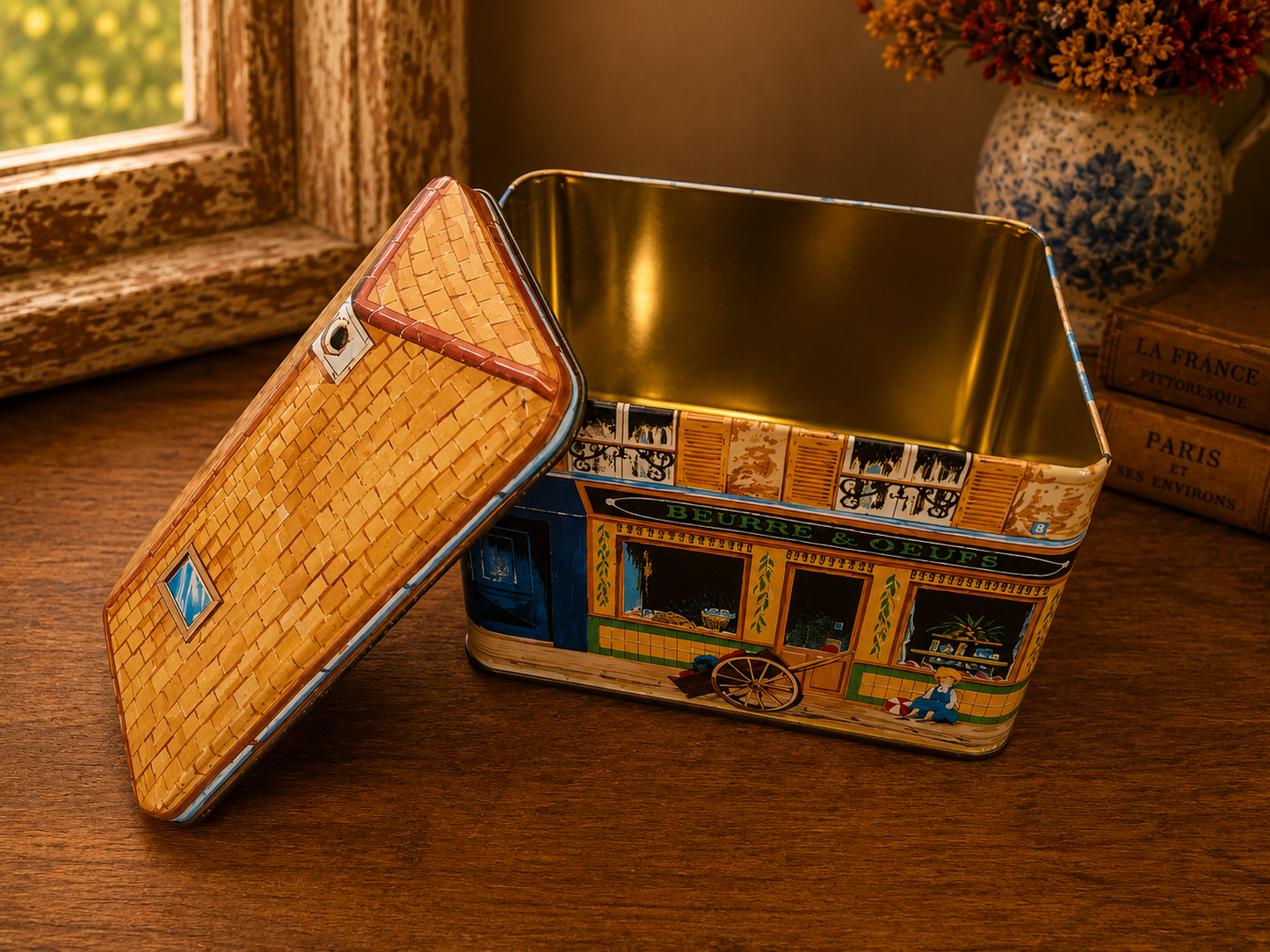 French Café Tabac Decorative Metal Storage Tin | Paris Street Scene Tea & Biscuit Tin photograph 6