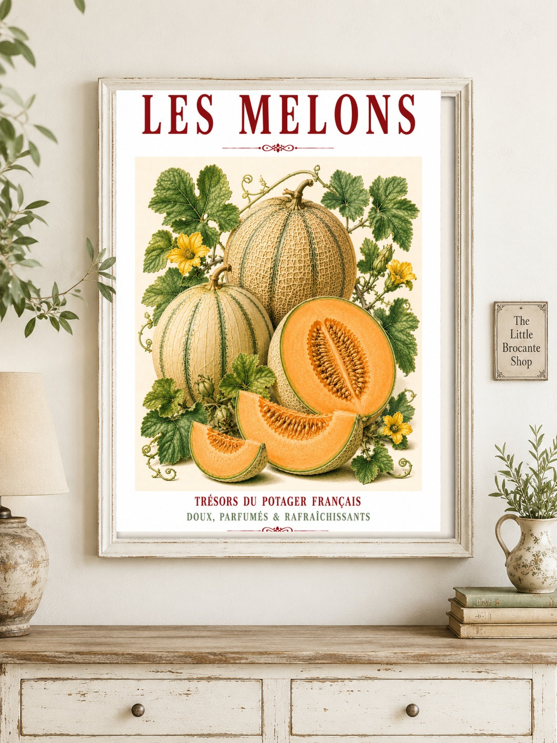 Illustrated French Melon Print | French Kitchen Wall Art, Illustrated French, Botanical, French Country, Provençal, Fruit Illustration, Kitchen Garden, French Kitchen, Mediterranean, Country Kitchen, Botanical Wall Art wall artwork.