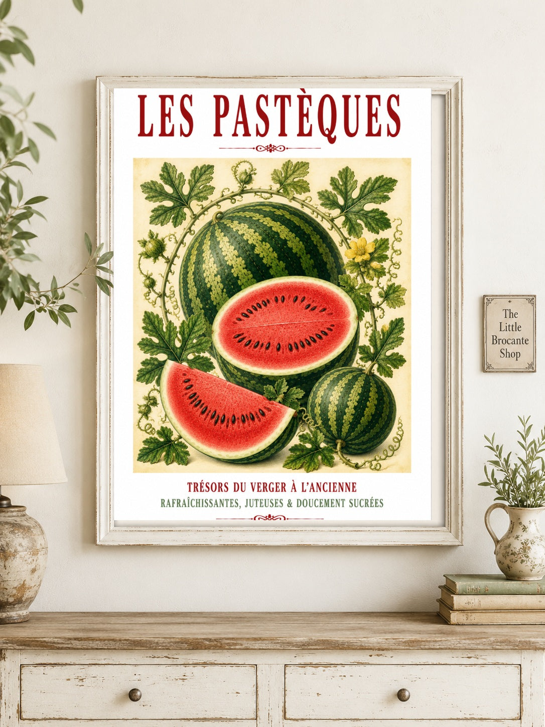Illustrated French Watermelon Print | French Kitchen Wall Art, Illustrated French, Botanical, French Country, Mediterranean, Fruit Illustration, French Kitchen, Country Kitchen, Cottage Style, Summer Inspired, Botanical Wall Art wall artwork.