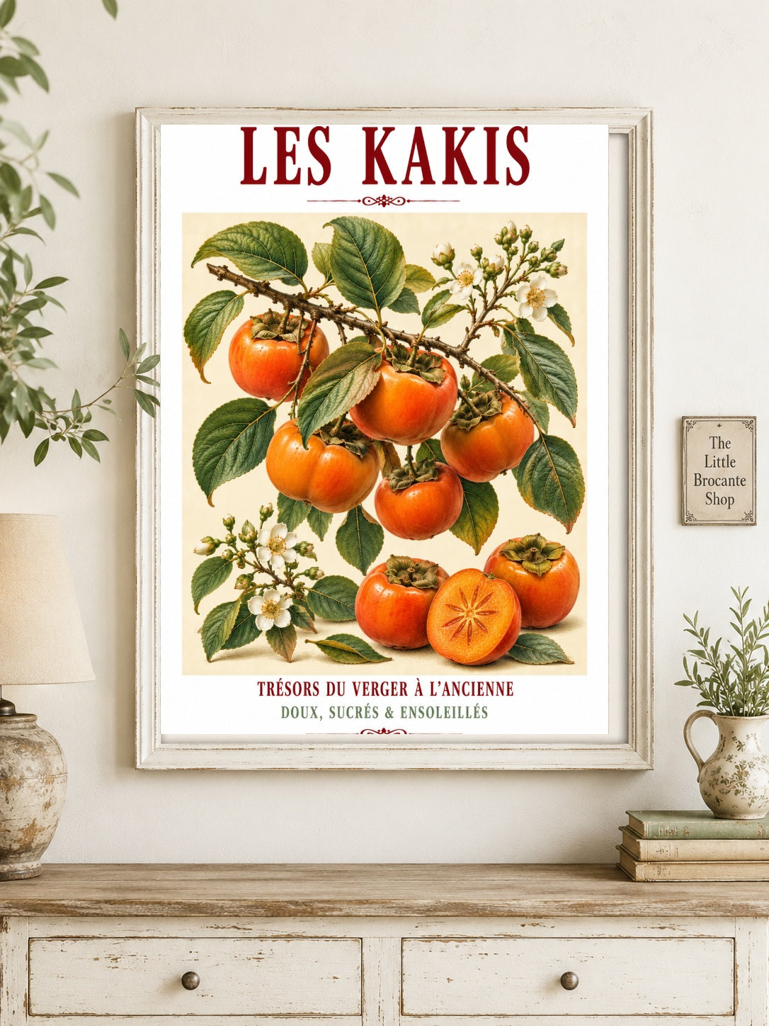 Illustrated French Persimmon (Sharon Fruit) Print | French Kitchen Wall Art, Illustrated French, Botanical, French Country, Orchard Inspired, Fruit Illustration, Mediterranean, French Kitchen, Country Kitchen, Cottage Style, Botanical Wall Art wall artwork.
