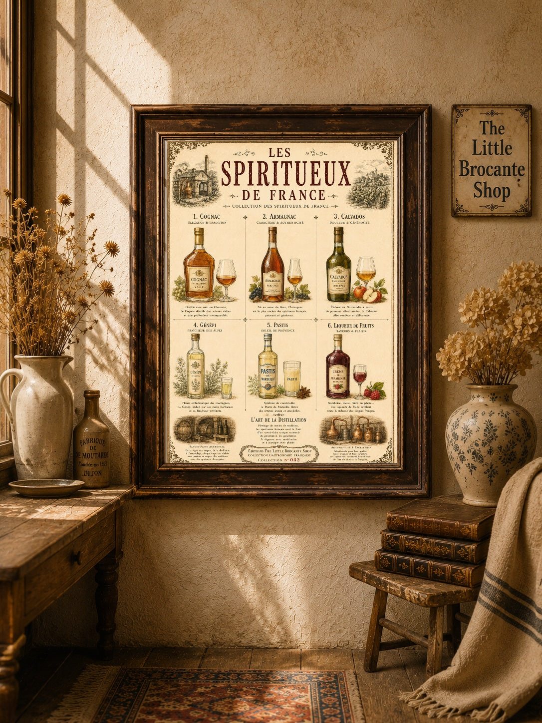 Les Spiritueux de France Vintage French Spirits Print | Bar & Kitchen Wall Art, French country wall artwork.