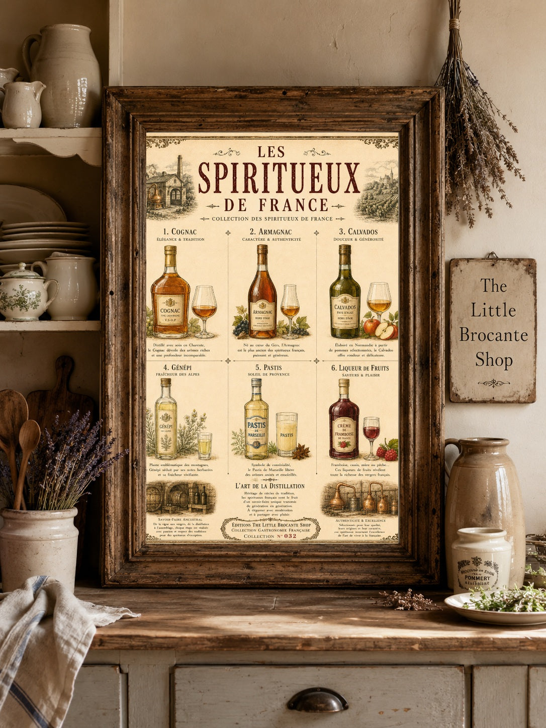 Les Spiritueux de France Vintage French Spirits Print | Bar & Kitchen Wall Art, French country wall artwork.