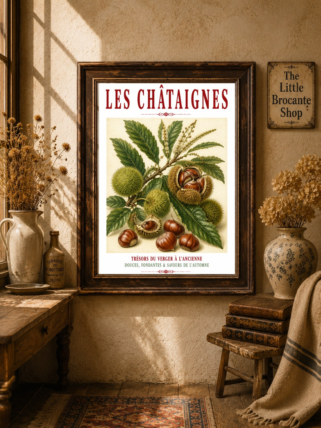 Illustrated French Chestnut Print | French Kitchen Wall Art, Illustrated French, Botanical, French Country, Rustic, Autumnal, Woodland Botanical, Traditional Botanical Illustration, French Kitchen, Country Kitchen, Cottage Style wall artwork.