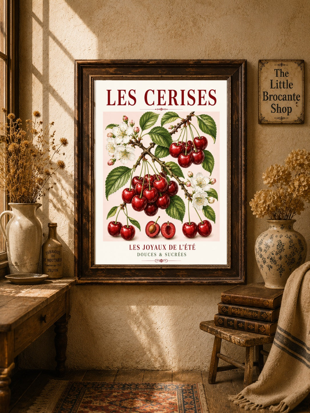 Les Cerises – Illustrated French Cherry Print | French Kitchen Wall Art, Illustrated French, Botanical, French Country, Country Kitchen, Fruit Illustration, European Kitchen, Cottage Style wall artwork.