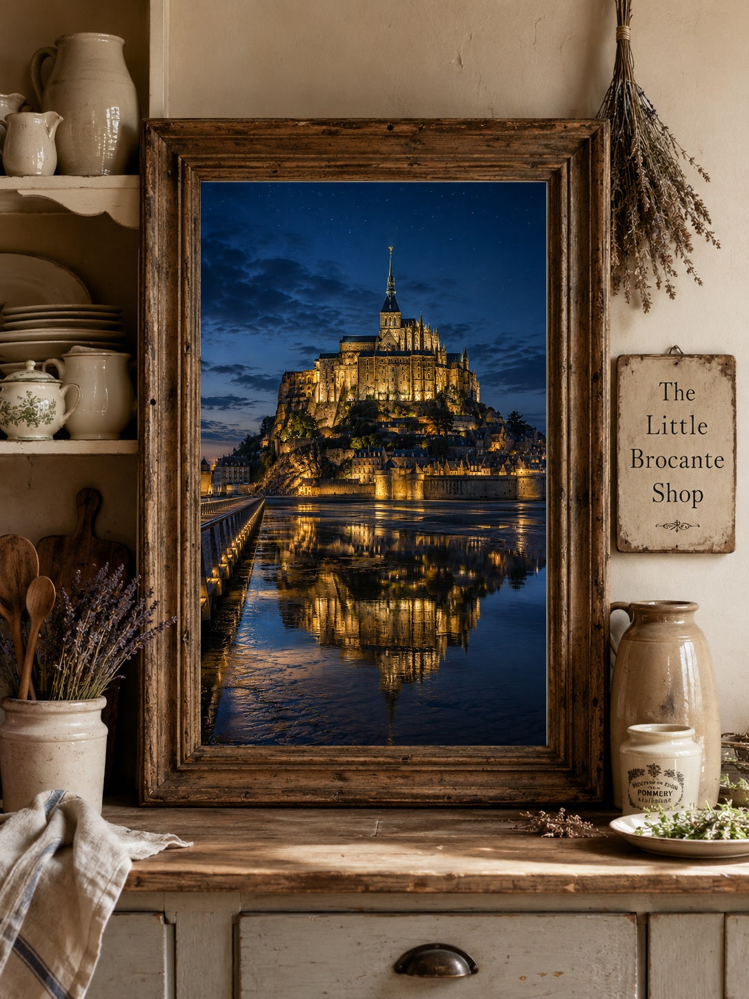 Mont Saint-Michel at Night – Illuminated Normandy Print | French Coastal Wall Art, French Country, Contemporary French, Classic European, Dark Academia, Heritage, Traditional, Modern Country, Moody Interior, Coastal, Rustic European, Contemporary wall artwork.