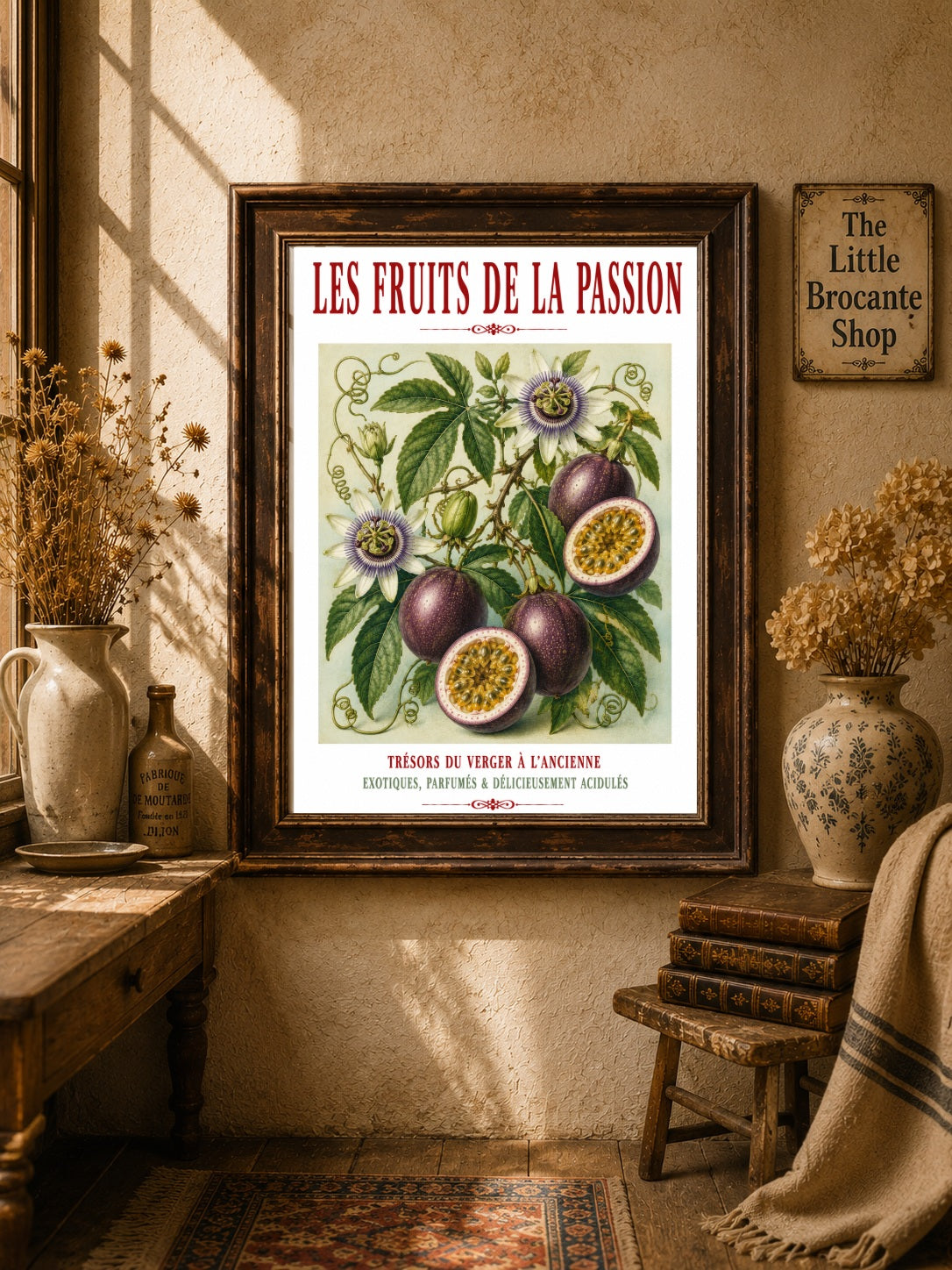 Illustrated French Passion Fruit Print | French Kitchen Wall Art, Illustrated French, Botanical, French Country, Exotic Botanical, French Kitchen, Traditional Botanical Illustration, Country Kitchen, Cottage Style, Botanical Wall Art wall artwork.