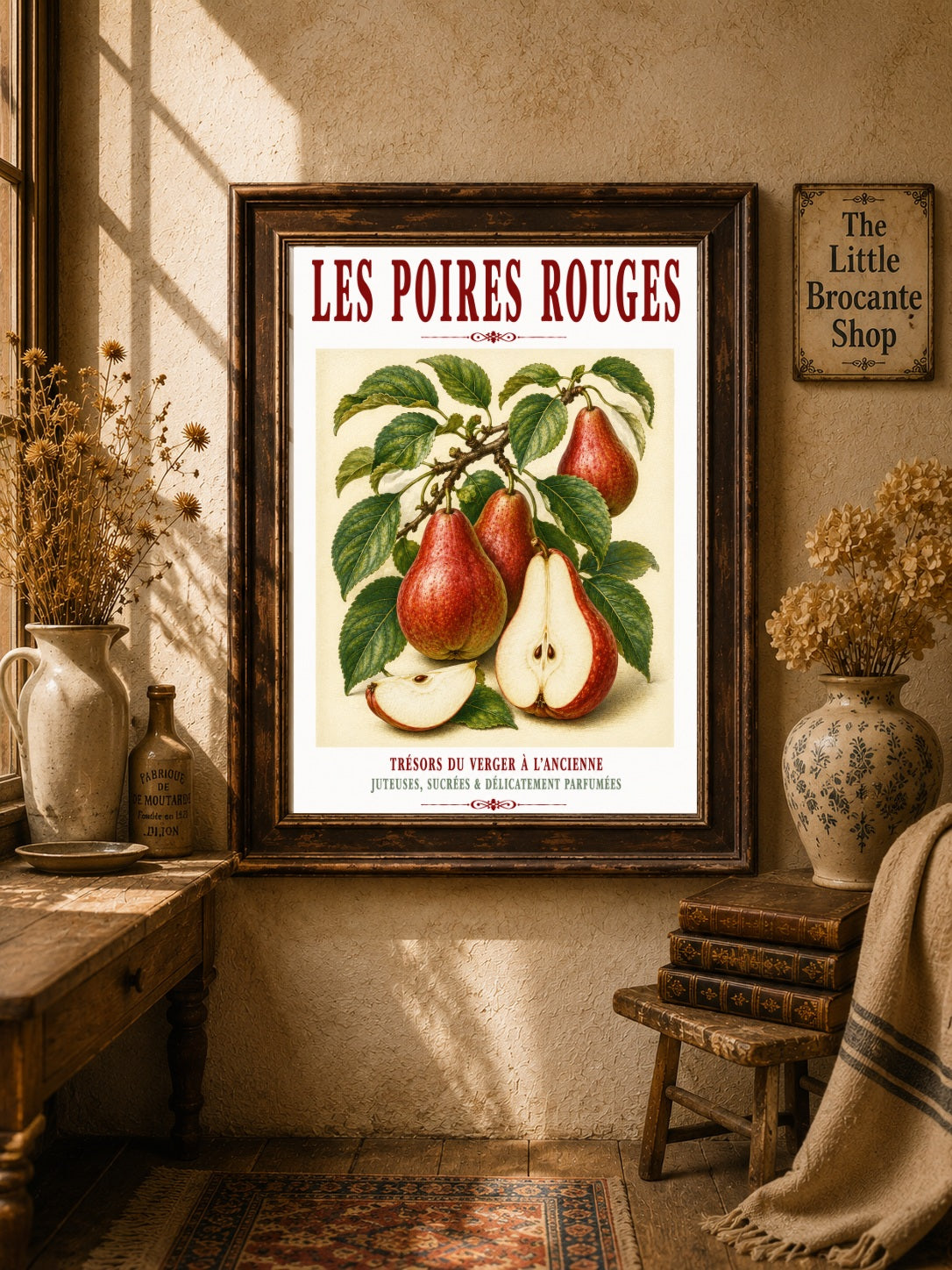 Les Poires Rouges – Illustrated French Red Pear Print | French Kitchen Wall Art, Illustrated French, Botanical, French Country, Orchard Inspired, Country Kitchen, Fruit Illustration, Rustic Country, Cottage Style wall artwork.