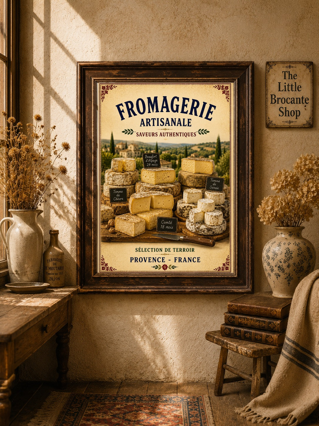 Fromagerie Artisanale – Vintage French Cheesemonger, French Country
Provence
Rustic Farmhouse
Brocante
Cottagecore
Mediterranean
Country Kitchen
Rustic Chic
Vintage European
Traditional
French Provincial
Old World
Continental
Artisan Food Store Style wall artwork.