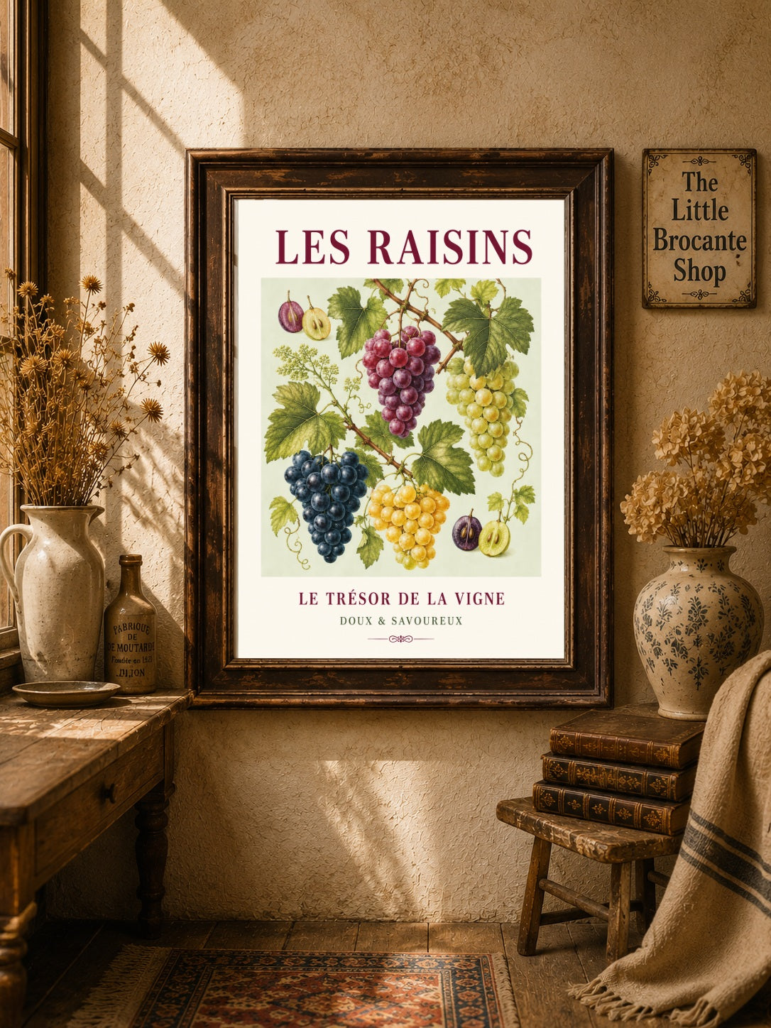 Les Raisins – Illustrated French Grape Print | French Kitchen Wall Art, Illustrated French, Botanical, French Country, Vineyard Inspired, Fruit Illustration, Country Kitchen, European Kitchen, Rustic Country wall artwork.