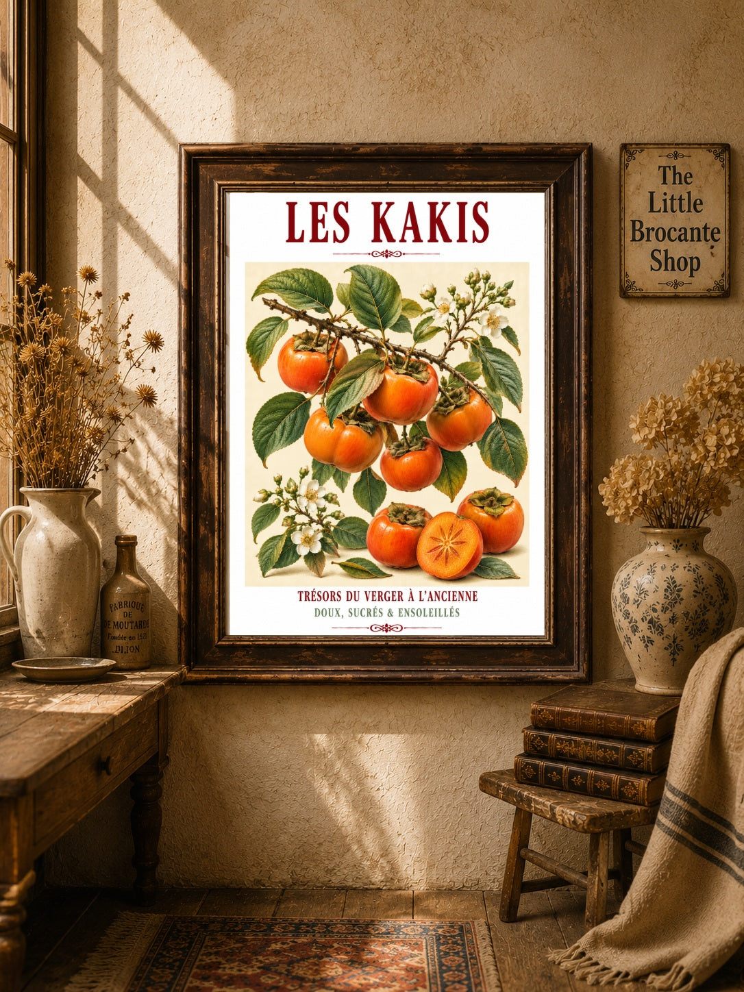 Illustrated French Persimmon (Sharon Fruit) Print | French Kitchen Wall Art, Illustrated French, Botanical, French Country, Orchard Inspired, Fruit Illustration, Mediterranean, French Kitchen, Country Kitchen, Cottage Style, Botanical Wall Art wall artwork.