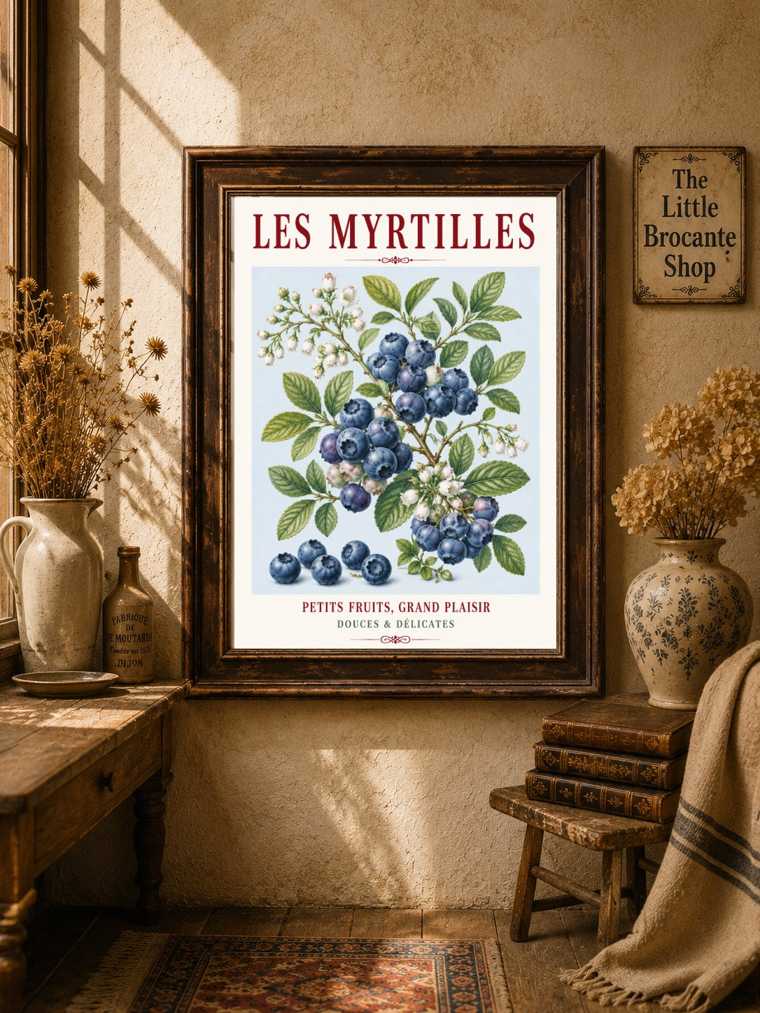 French Blueberry Print - Les Myrtilles | French Kitchen Wall Art, Illustrated French, Botanical, French Country, Fruit Illustration, Country Kitchen, French Countryside, Cottage Style, Botanical Wall Art wall artwork.