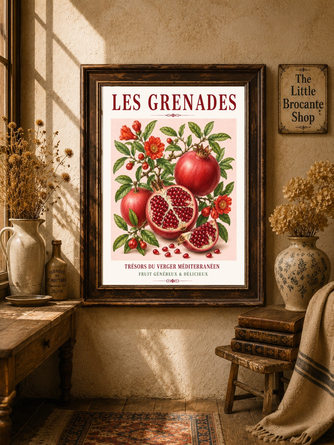 French Pomegranate Illustrated Print | French Kitchen Wall Art, Illustrated French, Botanical, Mediterranean, French Country, Fruit Illustration, Country Kitchen, French Countryside, Botanical Wall Art wall artwork.