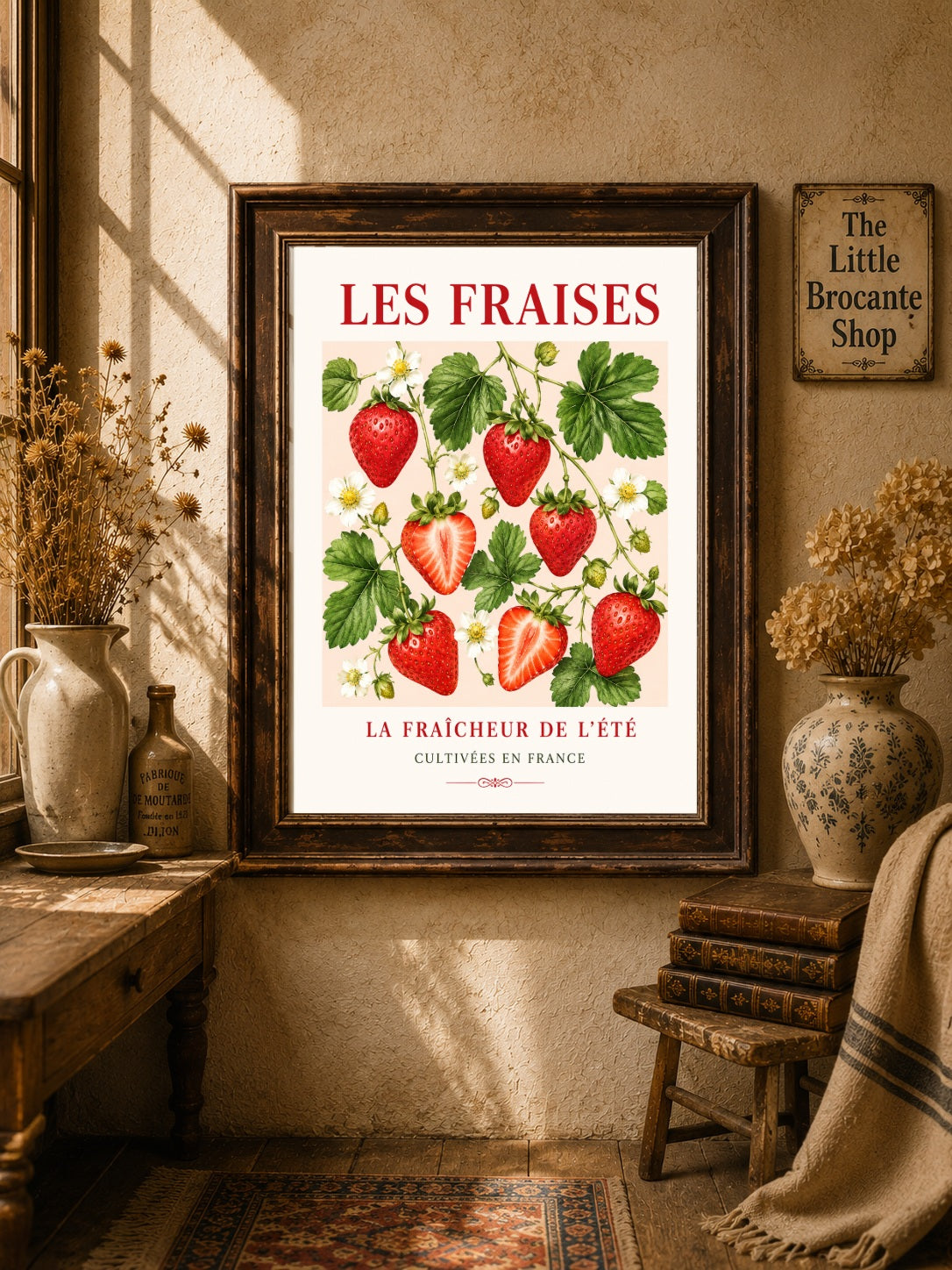 Les Fraises – French Strawberry Illustrated Print | French Fruit & Kitchen Wall Art, French Botanical, Illustrated French, French Country, Country Kitchen, Botanical Illustration, Cottage, European Kitchen, Fruit Art wall artwork.