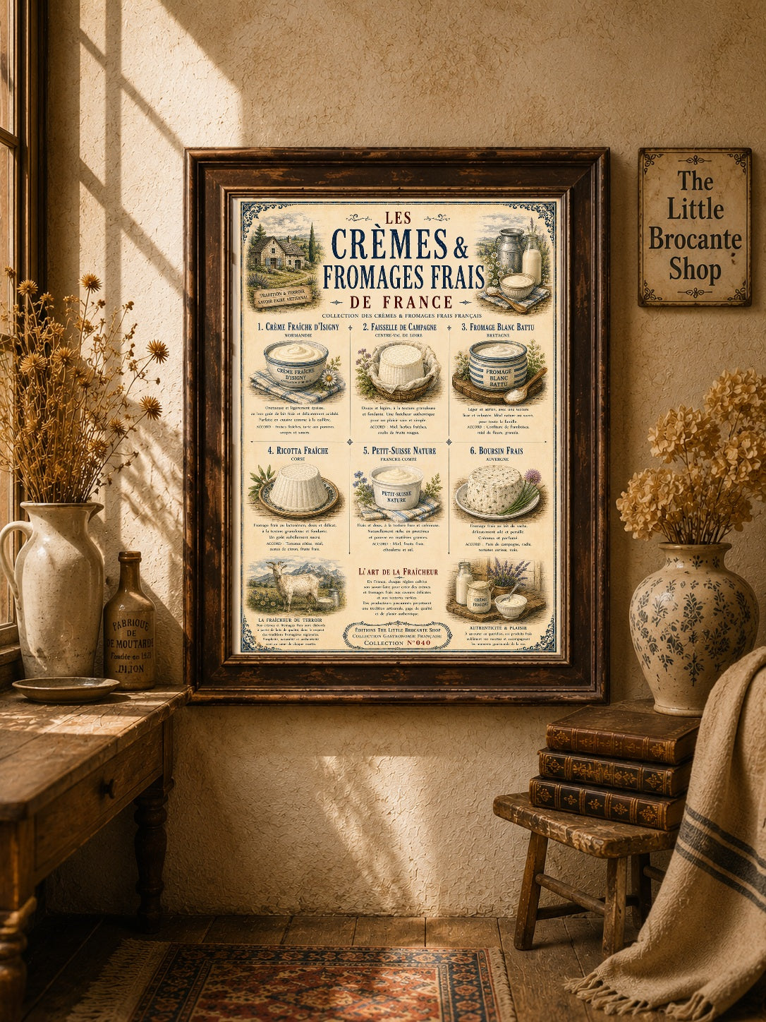 Les Crèmes & Fromages Frais – Vintage French Dairy Print | French Kitchen Wall Art, French Country, French Farmhouse, Cottagecore, Rustic Country, Traditional Kitchen, Brocante, Vintage, European Farmhouse, Provincial French, Country Cottage, Blue & White Kitchen wall artwork.