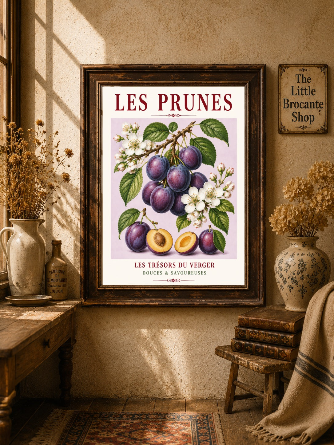 Illustrated French Plum Print - Les Prunes | French Kitchen Wall Art, Illustrated French, Botanical, French Country, Fruit Illustration, Orchard Inspired, Country Kitchen, Cottage Style, French Inspired wall artwork.