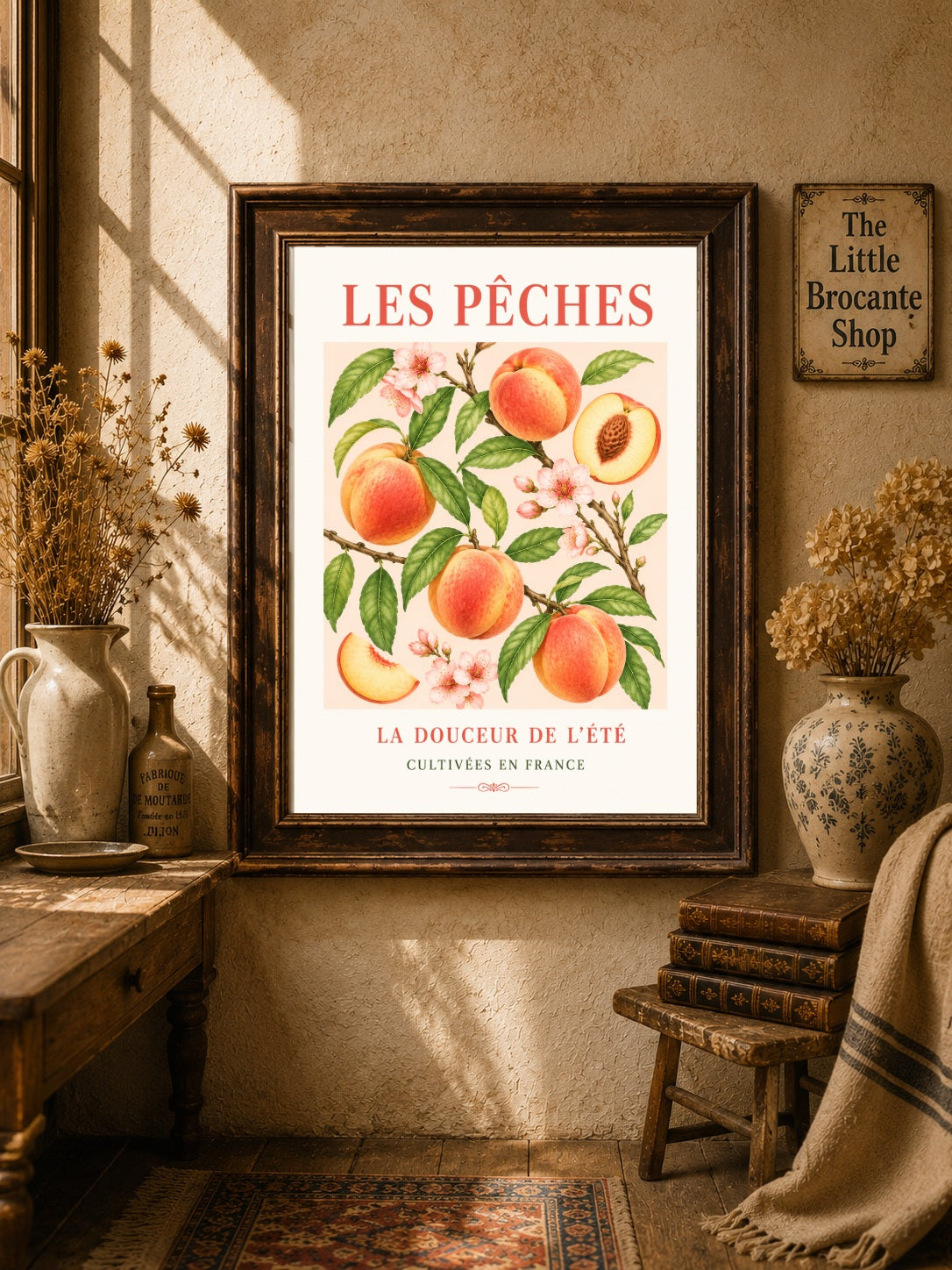 Les Pêches – Illustrated French Peach Print | French Kitchen Wall Art, Illustrated French, Botanical, French Country, Fruit Illustration, Orchard Inspired, Country Kitchen, Cottage Style, Provence Inspired wall artwork.