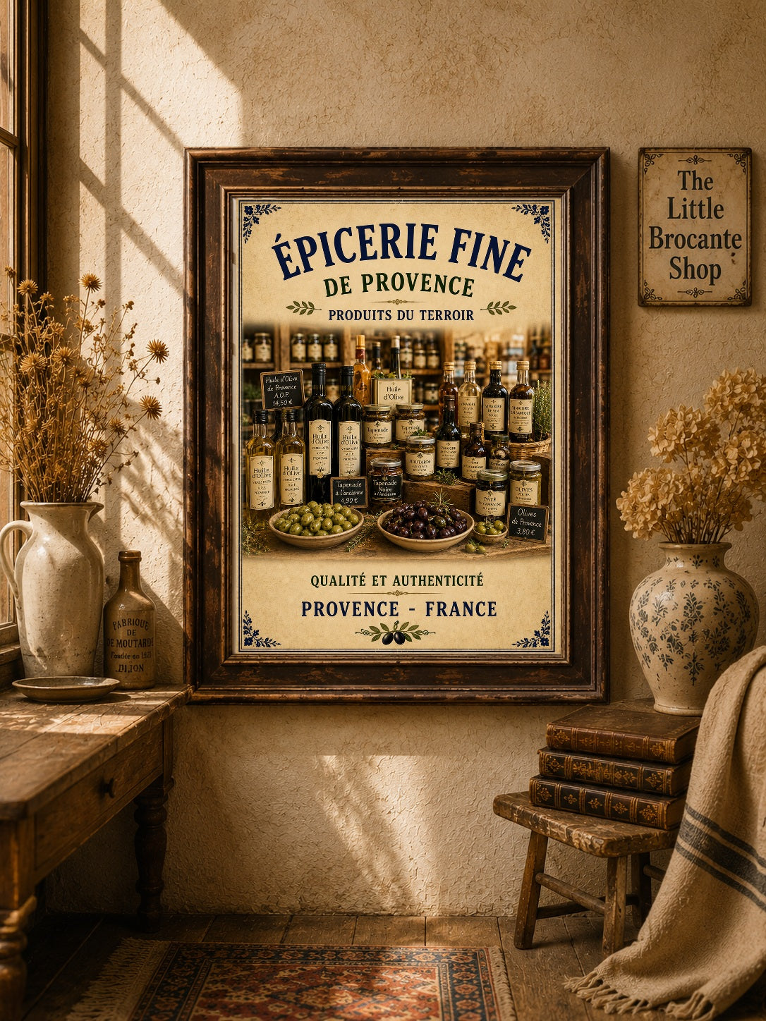 Épicerie Fine de Provence – Vintage French Delicatessen, French Country
Provence
Rustic Farmhouse
Brocante
Cottagecore
Mediterranean
Country Kitchen
Rustic Chic
Vintage European
Traditional
French Provincial
Old World
Continental
Artisan Food Store Style wall artwork.